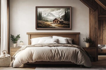 Bedroom wooden bed center has headboard is covered mock up