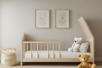 Child bedroom white wooden bed center has mock up frame