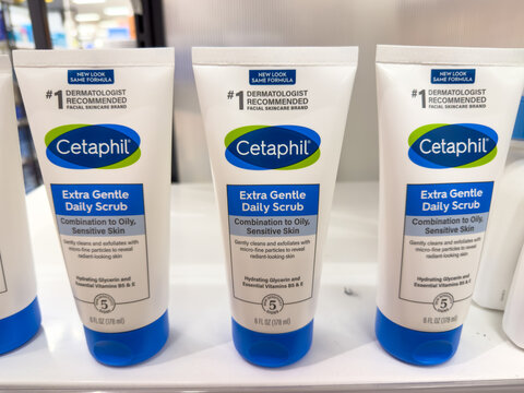 Tubes of Cetaphil Extra Gentle Face Scrub on display.