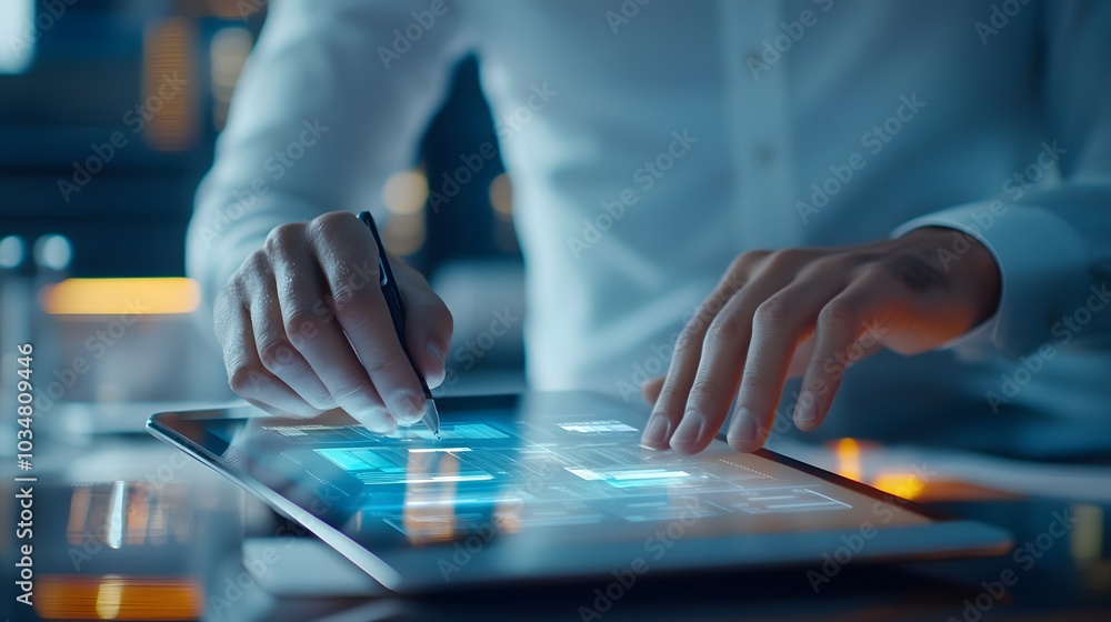 Poster person using a stylus on a tablet with a digital interface