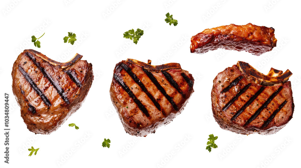 Poster pork chop steaks and briskets on a clear background generative ai