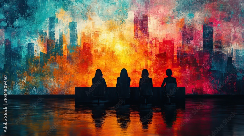 Poster software development job interview the image features silhouettes of three people sitting with abstr