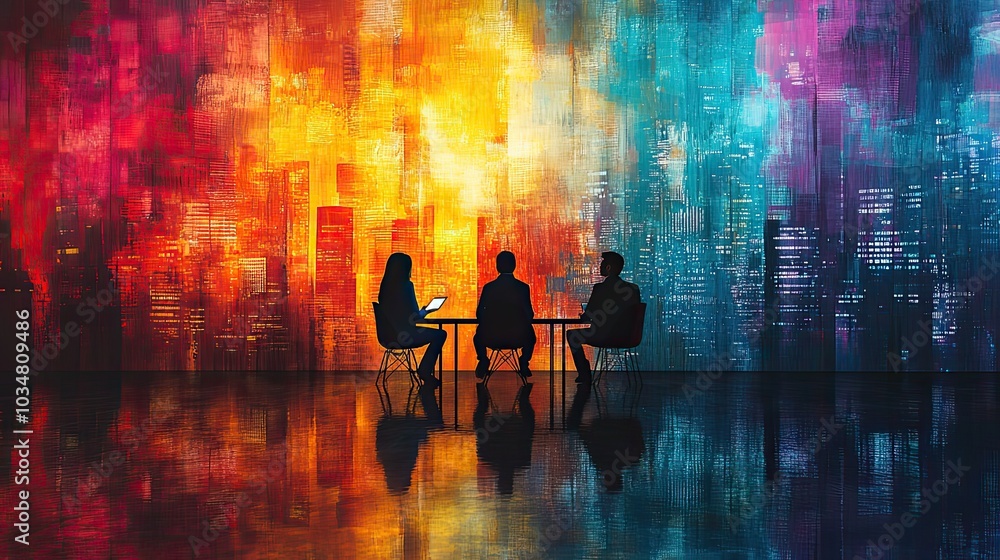 Poster software development job interview the image features silhouettes of three people sitting with abstr