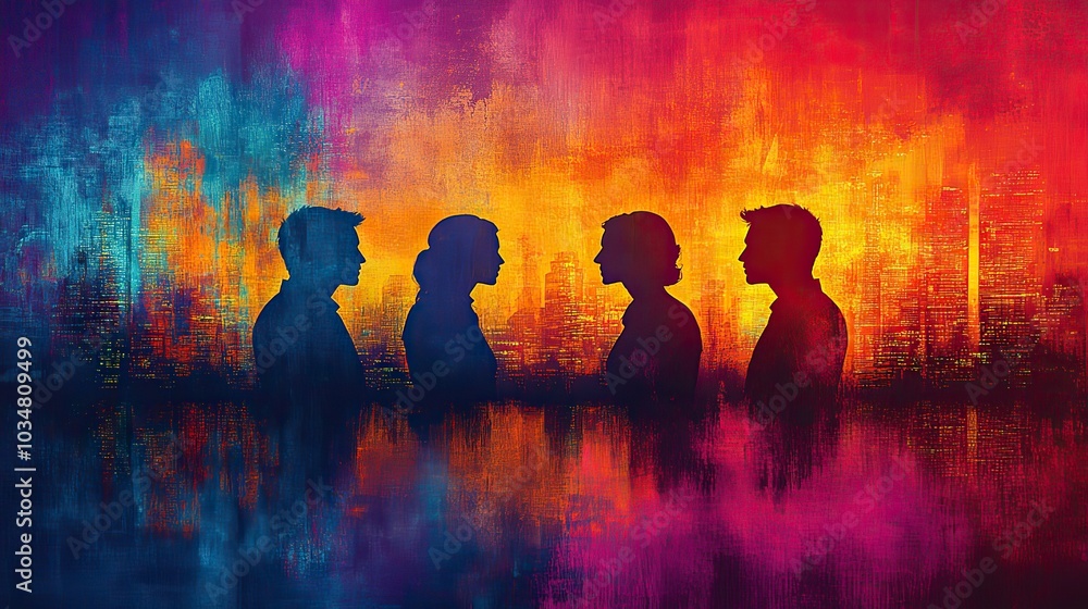 Poster software development job interview the image features silhouettes of three people sitting with abstract shapes and vibrant colors in modern abstract and colorful style.image