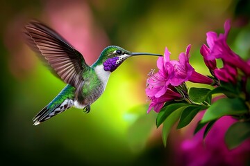 Fototapeta premium Close-up hummingbird hovering near pink flower mid-flight its blooming