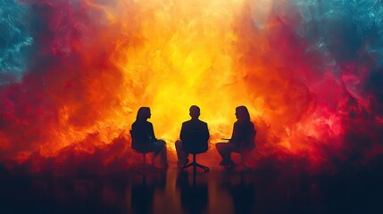 software development job interview the image features silhouettes of three people sitting with abstract shapes and vibrant colors in modern abstract and colorful style