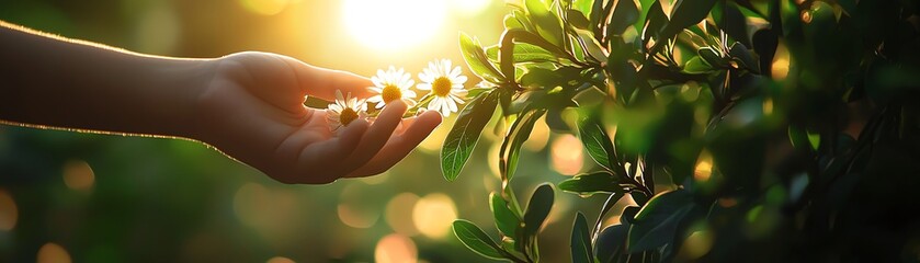 A hand gently touching green leaves with sunlight illuminating the scene, symbolizing connection with nature.