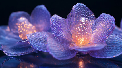 Purple glass orchids glowing with warm light