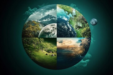 Fototapeta premium Collage four different photographs planet are arranged circular Elements of environmental impact
