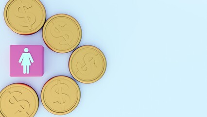 A 3d rendering of pink cube with a white female symbol on top of it, surrounded by stacks of gold coins.