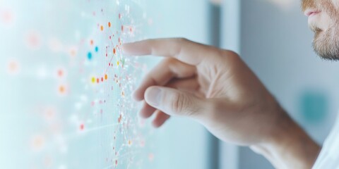 Korean Male Scientist Analyzing Data on Touchscreen at Night - Focused, Analytical, Technological Scene