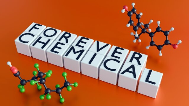 3d rendering of molecular structures and the word "FOREVER CHEMICAL" in white blocks. The word "forever chemical" is often used to describe per- and polyfluoroalkyl substances or PFAS