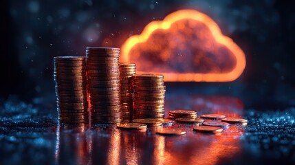 stacked coins in front of glowing cloud symbolizing cloud cost management.stock image