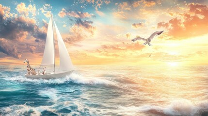 Naklejka premium Cartoon Animals Sailing on a Colorful Ocean Sunset