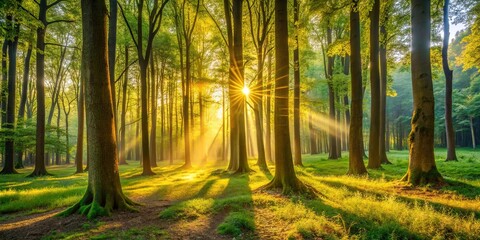 Golden rays illuminate a verdant forest, casting long shadows on the lush grass and highlighting the textured bark of ancient trees.