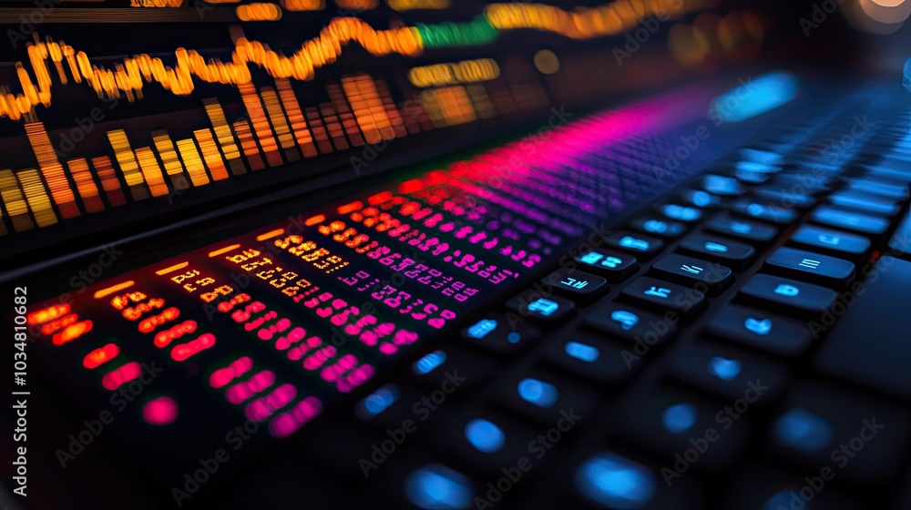 Poster stock image showing keyboard with financial graphs symbolizing trading strategies and market analysi