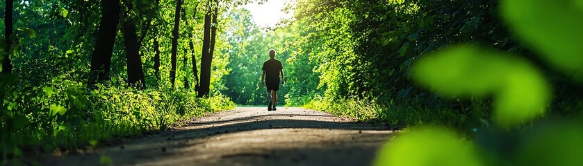 Obraz premium A solitary figure walking along a serene path surrounded by lush greenery and sunlight filtering through the trees.