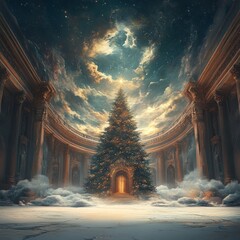 A grand winter scene featuring a decorated Christmas tree in a majestic setting.