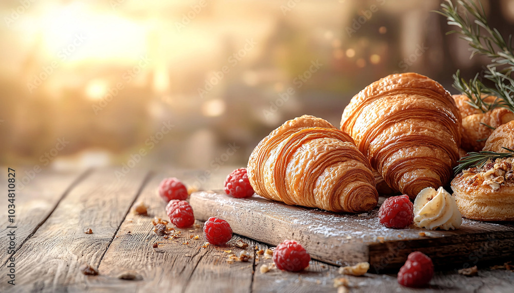 Poster fresh raspberry croissant on rustic wooden table background. generated by ai