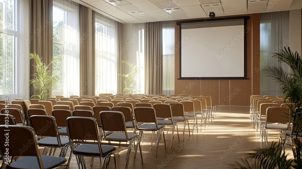 Poster empty conference room with rows of chairs and a projector screen