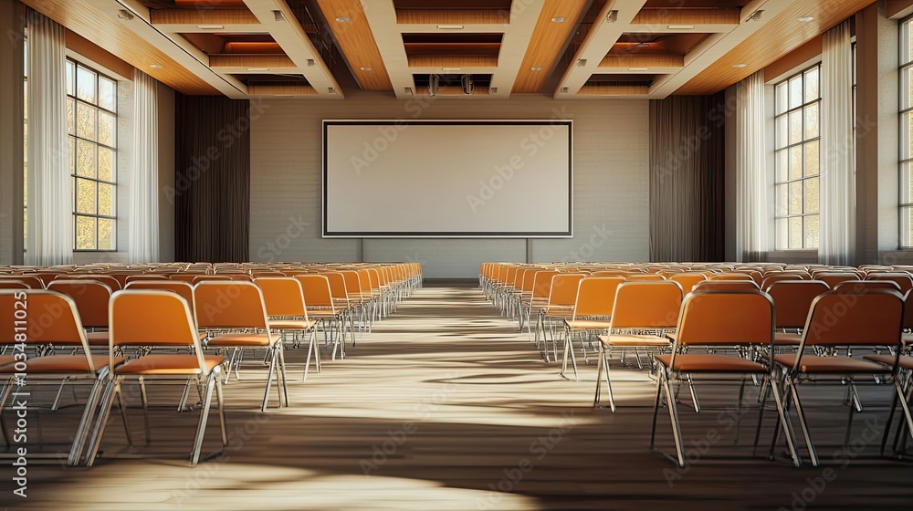 Poster empty conference room with a large projector screen and rows of chairs