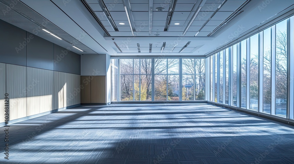 Poster sunlit empty room with large windows and modern ceiling