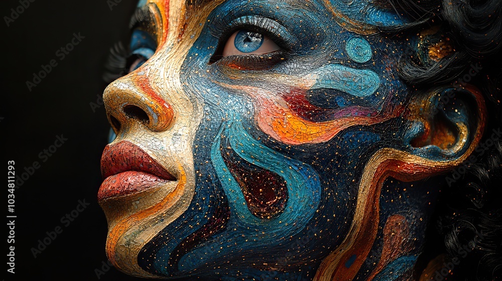Poster stylized abstract face with intricate patterns and shapes representing artistic identity and self ex