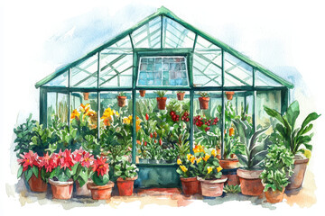 Fototapeta premium A vibrant greenhouse filled with colorful flowers and plants in decorated pots, showcasing a lush indoor garden environment.