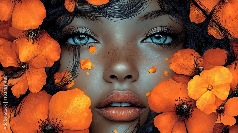 Poster stylized abstractof womans face surrounded by flowers and abstract shapes symbolizing serenity and i