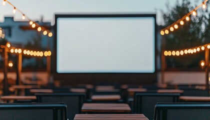 An outdoor cinema setup featuring empty chairs and a large screen illuminated by string lights.