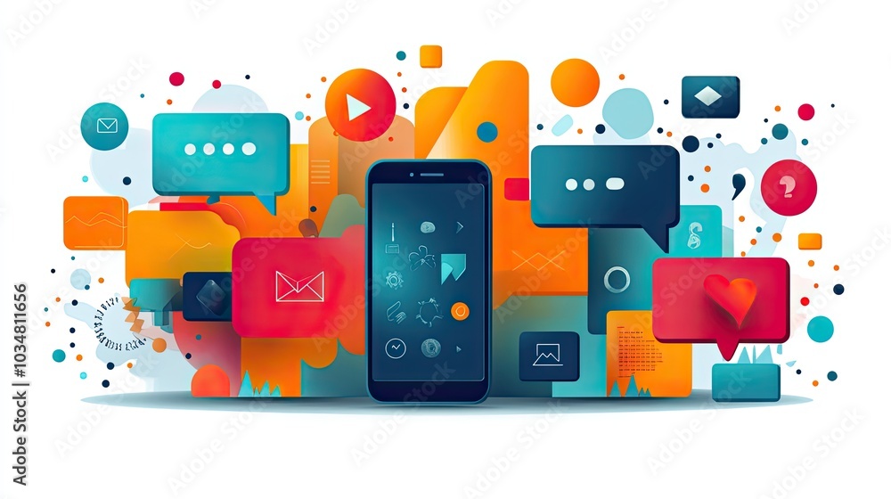 Poster stylizedof social interaction and messaging featuring smartphone with speech bubbles and abstract sh