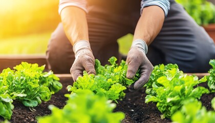 Close-up of a gardener cultivating fresh lettuce in a community garden during sunset.