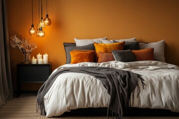 Modern bedroom large bed center is covered white Orange and brown bedding
