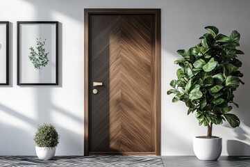 Modern entrance door wooden frame glass panel right hallway