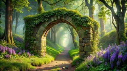 Obraz premium A Stone Archway, Overgrown with Vines, Frames a Mystical Path Leading Into a Sunlit Forest, Bathed in Morning Mist, With Blossoms Dotting the Foliage