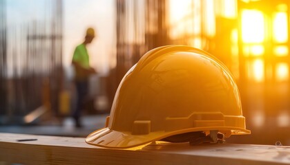 Close-up of a yellow construction helmet on a wooden beam, with a blurred construction worker in the background during sunset.