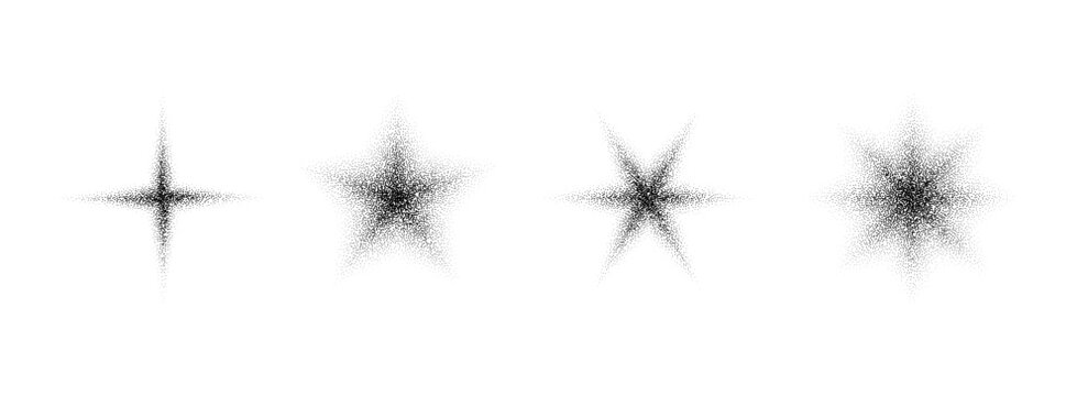 Stippled grain star set. Black noise texture asterisk collection. Halftone glitter sparkles, sparks, twinkles pack for design template, poster, banner, brochure, leaflet. Black dotted flares. Vector