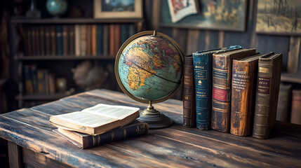 A globe on a wooden desk beside old travel books – the style hyper-realistic photograph