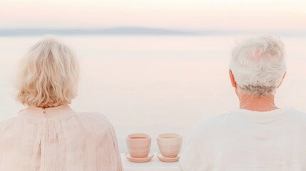 Tranquil Sunrise Coffee Enjoyment Senior Couple Relaxing on Balcony with Sea View