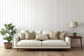 Modern living room white sofa against wall vertical Mockup