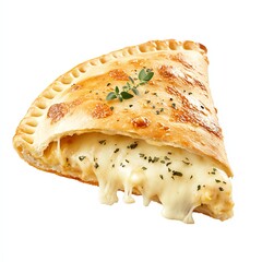 Delicious cheesy calzone with golden crust, showcasing rich filling and fresh herbs, perfect for culinary delights.