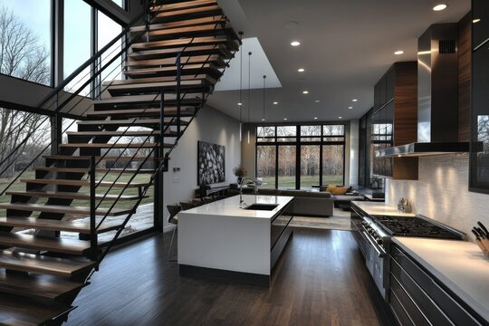 Modern luxurious kitchen living area house has large Contemporary residence interior design