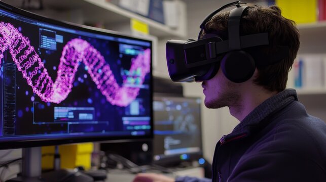 Genomic VR Interface : A researcher using virtual reality to manipulate DNA sequences