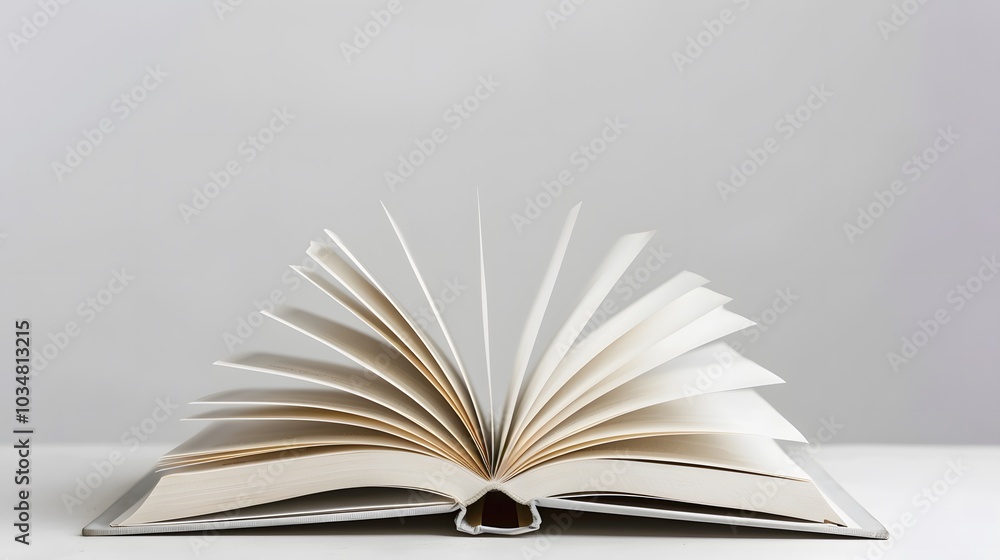 Wall mural a book is open on the table, with a white, blurred background and soft light. the pages of the book 