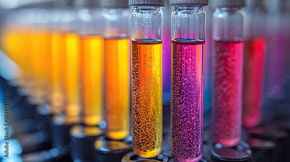 Aufkleber test tubes with colorful liquids in lab setting symbolizing biomarker research and analysis.stock im