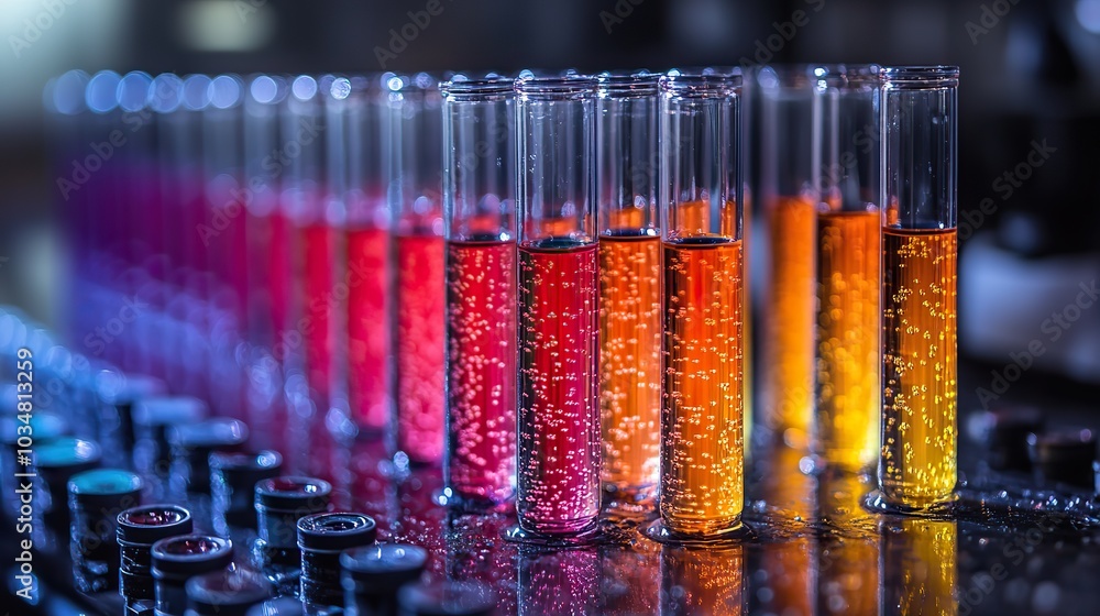 Poster test tubes with colorful liquids in lab setting symbolizing biomarker research and analysis
