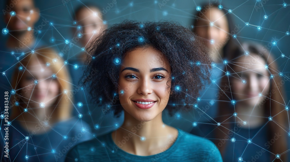 Poster the image depicts interconnected individuals over digital network symbolizing the concept of network