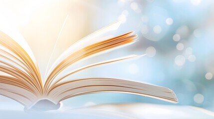 A book is open on the table, with a white, blurred background and soft light. The pages of the book show colorful text in a high-definition photography style.