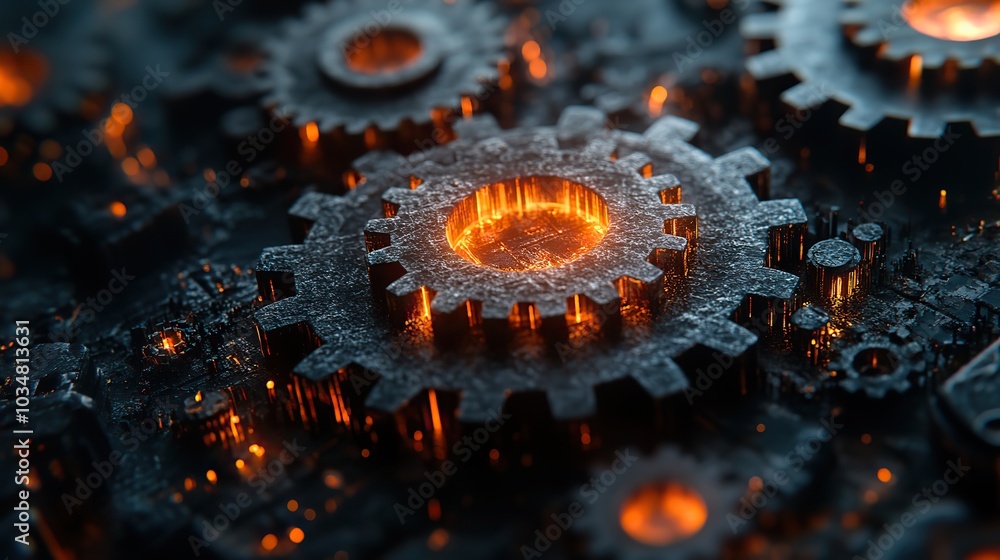 Poster the rust programming language concept featuring dark rusty interlocking gears illuminated by vibrant