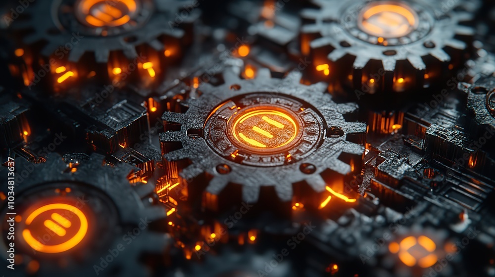 Poster the rust programming language concept featuring dark rusty interlocking gears illuminated by vibrant